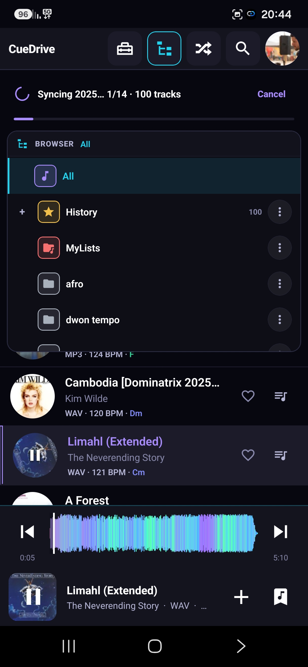 CueDrive library with History, MyLists and folders